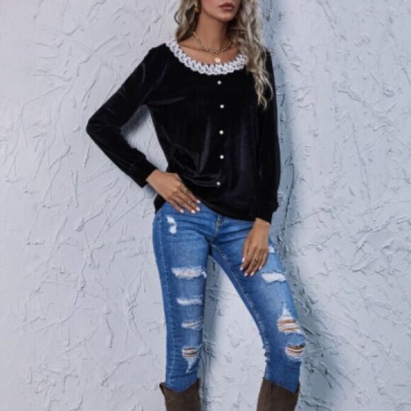 Shein Romantic Gothic Lace Trim and Pearls Velvet Long Sleeve Top Black Sz M (6) - Picture 14 of 14